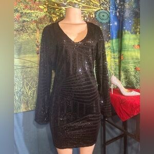 Acevog Black Sequin Long Sleeve Dress~NWOT